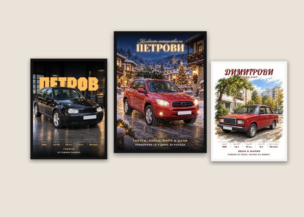 Постери на коли в рамки: гараж, коледно пътешествие и винтидж