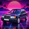 Персонализиран постер на кола в стил Ретро 80-те: тъмносин Mercedes W124 с фамилия и технически данни