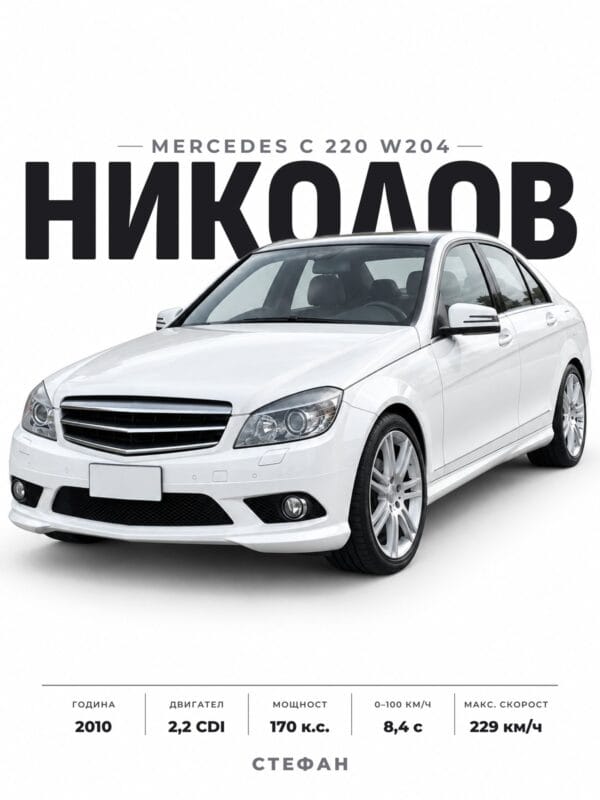 Персонализиран постер на кола в стил Чисто бяло: бял Mercedes C W204 с фамилия и технически данни