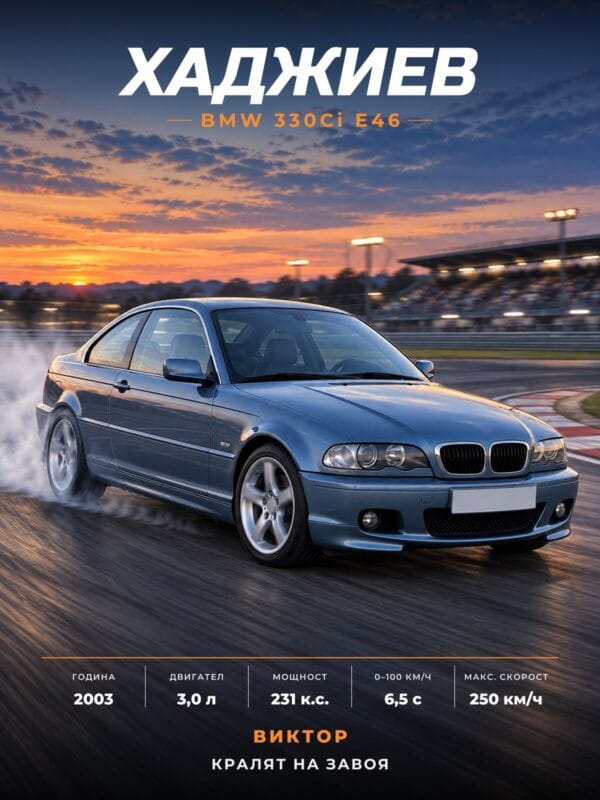 Персонализиран постер на кола в стил Дрифт: синьо BMW 3 E46 купе с фамилия и технически данни