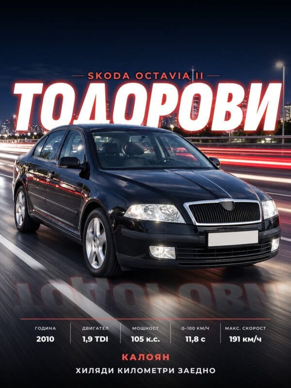 Персонализиран постер на кола в стил Нощна магистрала: черна Skoda Octavia II с фамилия и технически данни