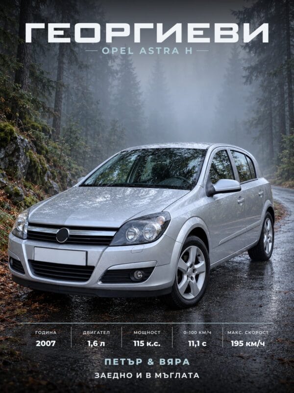 Персонализиран постер на кола в стил Мъгла: сребрист Opel Astra H с фамилия и технически данни