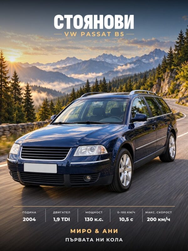 Персонализиран постер на кола в стил Планински път: тъмносин VW Passat B5 комби с фамилия и технически данни