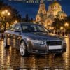 Персонализиран постер на кола в стил Нощна София: тъмносиво Audi A4 B7 с фамилия и технически данни