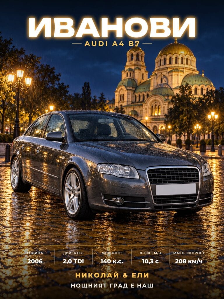 Персонализиран постер на кола в стил Нощна София: тъмносиво Audi A4 B7 с фамилия и технически данни