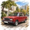 Персонализиран постер на кола в стил Винтидж: червена Лада 2107 с фамилия и технически данни