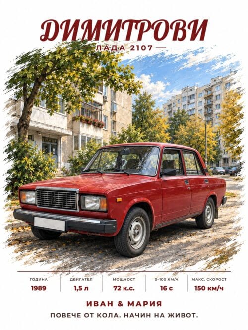 Персонализиран постер на кола в стил Винтидж: червена Лада 2107 с фамилия и технически данни