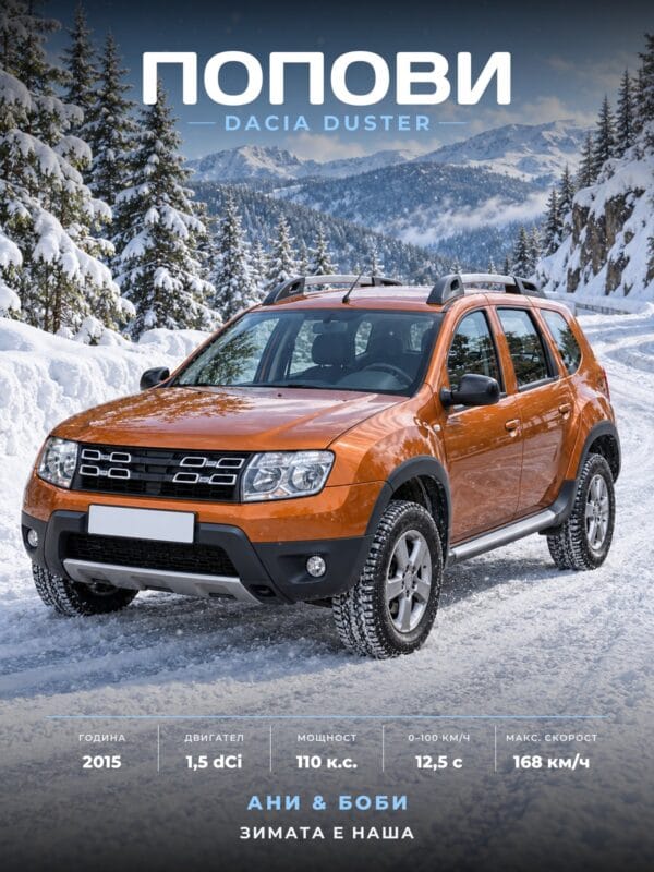 Персонализиран постер на кола в стил Зима: Dacia Duster с фамилия и технически данни