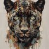 Абстрактна картина черна пантера в анфас с жълтозелени очи и тъмни петна на светъл фон
