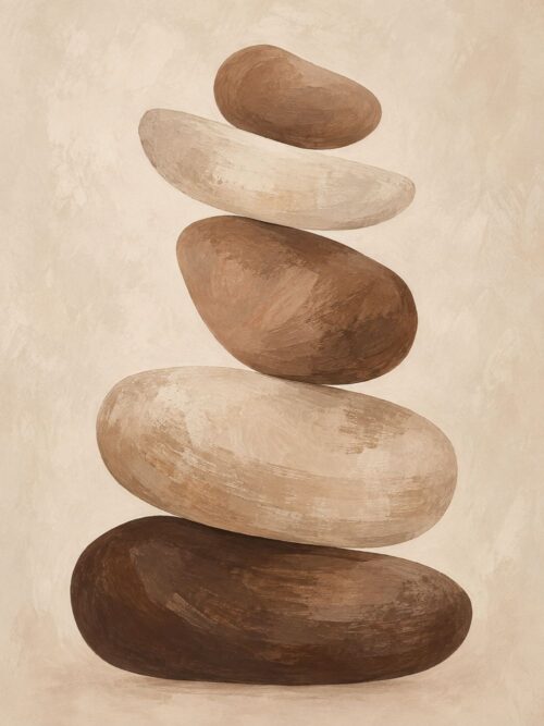 Абстрактна картина камъчета с кула от пет камъка в мока и крем на кремав фон Абстрактна картина камъчета с кула от пет камъка в мока и крем на кремав фон