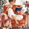 Акварелна картина жена с книга: жена чете в кресло, до нея спи котка