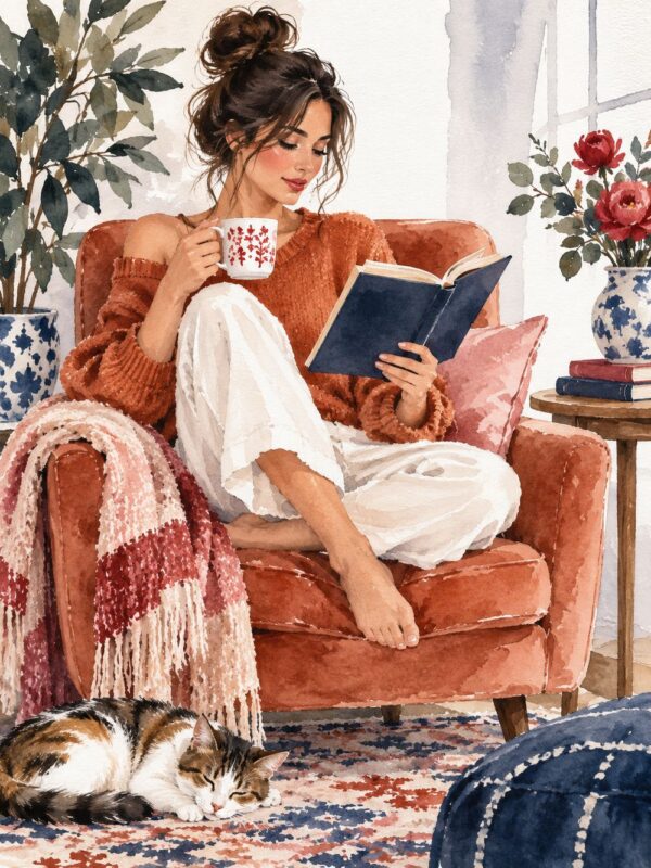 Акварелна картина жена с книга: жена чете в кресло, до нея спи котка