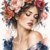 Акварелна картина жена с цветя: портрет със затворени очи и венец от божури