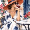 Акварелна картина жена с вино: жена в шапка и очила на маса на тераса Акварелна картина жена с вино: жена в шапка и очила на маса на тераса
