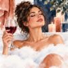 Акварелна картина жена във ваната: жена с чаша вино в бяла пяна до две свещи Акварелна картина жена във ваната: жена с чаша вино в бяла пяна до две свещи