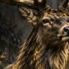 Детайл отблизо: Черно златна картина елен: елен с големи разклонени рога и вдигната глава в тъмна гора
