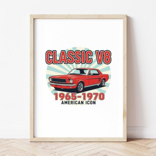 Картина с червено ретро купе и надпис CLASSIC V8 в светла дървена рамка, облегната на бяла стена върху паркет