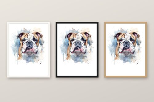 Същата картина с булдог в бяла, черна и дървена рамка на стена
