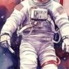 Детайл: гърдите на скафандъра с панел за управление и тънки тръби на лилав фон