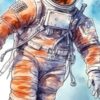 Детайл: гърдите на скафандъра с оранжеви петна, кутия с копчета и сребристи тръби Детайл: гърдите на скафандъра с оранжеви петна, кутия с копчета и сребристи тръби