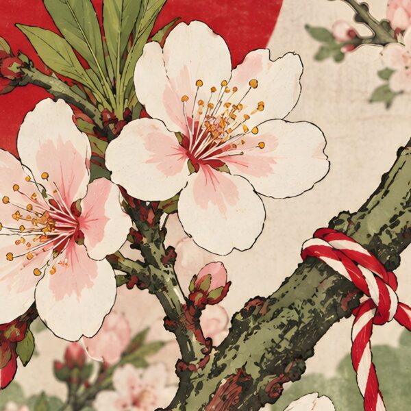 Детайл: цветове на бадем със златисти тичинки, грапавата кора и възелът на мартеницата