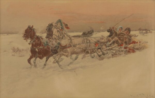 Картина българска тройка: три коня в галоп през сняг теглят шейна с мъж и жена