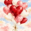 Картина балони сърца: червени, розови и кремави балони във форма на сърце в синьо небе Картина балони сърца: червени, розови и кремави балони във форма на сърце в синьо небе
