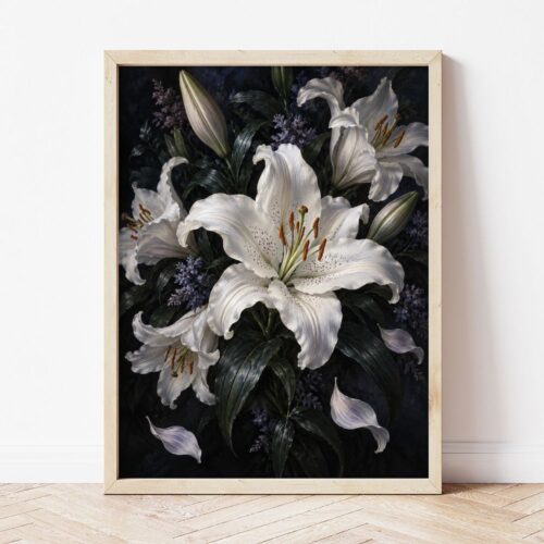 Тъмна картина с бели цветя в светла дървена рамка, облегната на бяла стена върху паркет