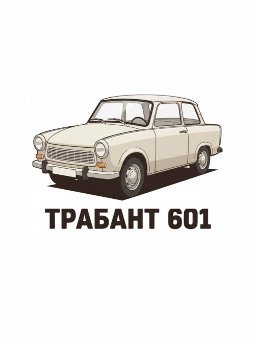 Картина бежов Трабант 601: кремав автомобил на бял фон с надпис „ТРАБАНТ 601“