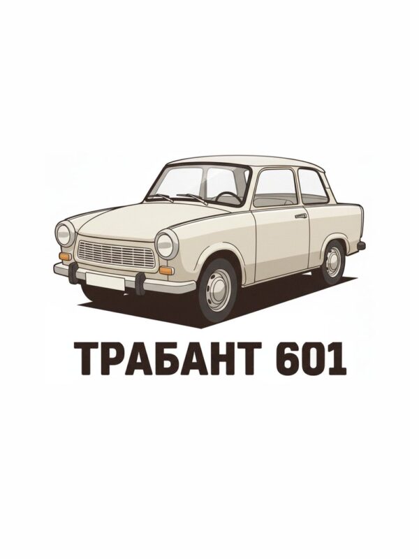 Картина бежов Трабант 601: кремав автомобил на бял фон с надпис „ТРАБАНТ 601“