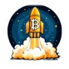 Картина биткойн ракета: златна ракета със знака на биткойн излита от облак дим пред нощно небе със звезди