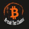 Картина биткойн счупи веригите: оранжев знак на биткойн с верига отгоре и бял надпис Break The Chains на черен фон