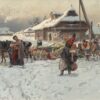 Картина бой със снежни топки: момиче с ведро вдига ръка пред лицето, зад нея коне и къщи в сняг