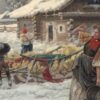 Детайл: момиче в шарена жилетка с червена кърпа на шията, вдигната ръка и медно ведро