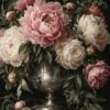 Картина божури на тъмен фон: розови и кремави божури в сребриста ваза върху тъмен плот