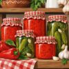 Картина буркани с лютеница и кисели краставички с карирани капачки на дървен рафт