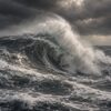 Картина буря в морето: голяма вълна с бяла пяна се разбива в тъмно море под буреносно небе