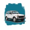 Картина бял теренен автомобил с багажник на покрива пред синьозелен фон с четкови следи Картина бял теренен автомобил с багажник на покрива пред синьозелен фон с четкови следи