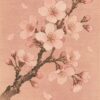 Картина черешов цвят: клон с цъфнала череша и падащи листчета на розов фон, в стил японска гравюра