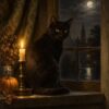 Картина черна котка и свещ: котка на прозорец до запалена свещ, с лунна нощ и река навън Картина черна котка и свещ: котка на прозорец до запалена свещ, с лунна нощ и река навън