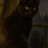 Детайл отблизо: Картина черна котка и свещ: котка на прозорец до запалена свещ, с лунна нощ и река навън Детайл отблизо: Картина черна котка и свещ: котка на прозорец до запалена свещ, с лунна нощ и река навън