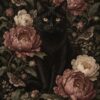 Картина черна котка с божури: кехлибарени очи сред розови цветя и нощни пеперуди