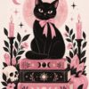 Картина черна котка с панделка: котка с розова панделка върху книги, между свещи и кристали