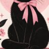 Детайл отблизо: Картина черна котка с панделка: котка с розова панделка върху книги, между свещи и кристали