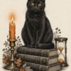Картина черна котка върху книги: котка с кехлибарени очи на три стари книги до свещ и пясъчен часовник Картина черна котка върху книги: котка с кехлибарени очи на три стари книги до свещ и пясъчен часовник