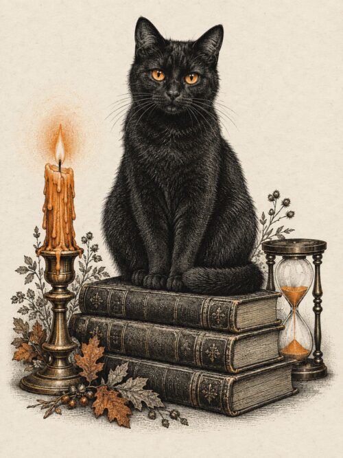 Картина черна котка върху книги: котка с кехлибарени очи на три стари книги до свещ и пясъчен часовник