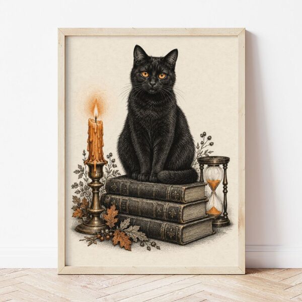 Картина с черна котка върху книги в светла дървена рамка, облегната на бяла стена върху паркет Картина с черна котка върху книги в светла дървена рамка, облегната на бяла стена върху паркет