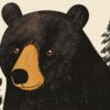 Детайл: лицето на черна мечка с охра на муцуната и червено-кафяви очи
