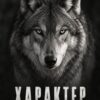 Картина черно-бял вълк в анфас със светли очи и надпис ХАРАКТЕР на тъмен фон