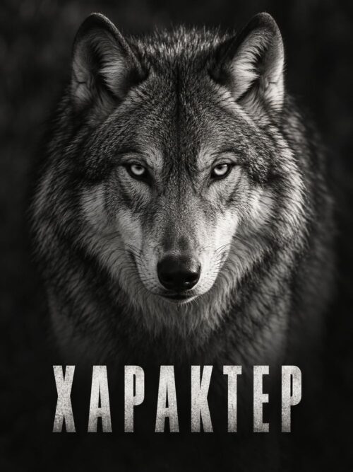 Картина черно-бял вълк в анфас със светли очи и надпис ХАРАКТЕР на тъмен фон